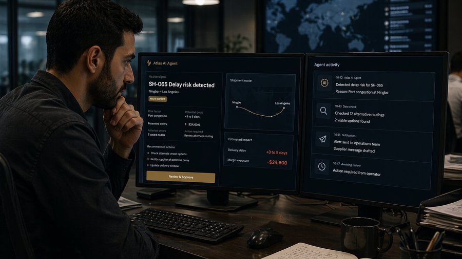 Operator monitoring the Atlas AI agent detecting a shipment delay risk on dual monitors