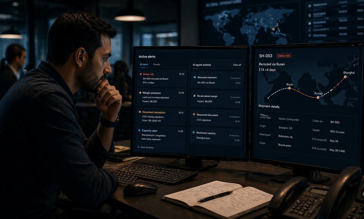 Operator monitoring the Atlas AI agent on dual screens showing active alerts, SH-053 rerouted via Busan, and a global shipment map