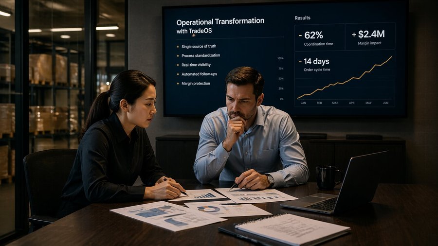 Two operations managers reviewing TradeOS results in a meeting room, performance metrics displayed behind them