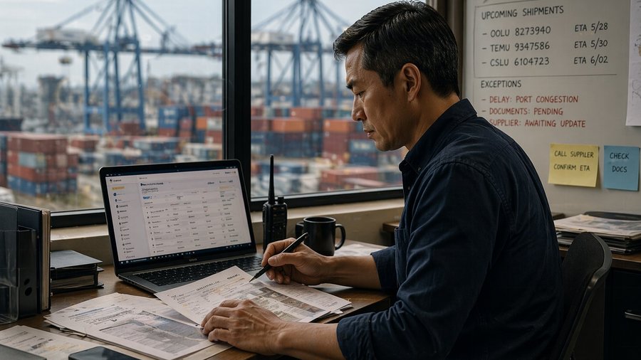 Trade operator at a port desk reviewing shipment documents, containers visible through the window